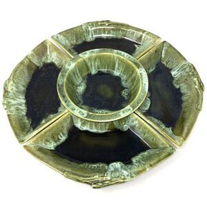 Wade of California Pottery 5 Piece Serving Set Green Drip Glaze Handmade Relish